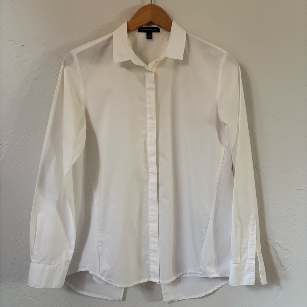 Banana Republic White Hidden-Placket Blouse Classic Point Collar